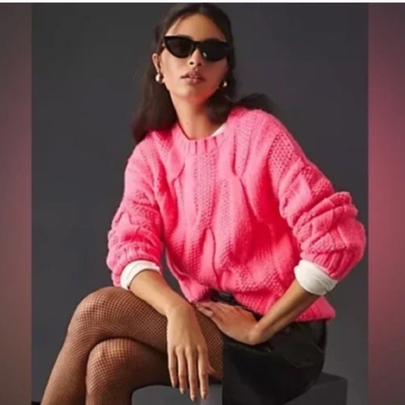 Maeve for Anthropologie Oversized Cable Pink Wool Blend Sweater Medium - Picture 2 of 14